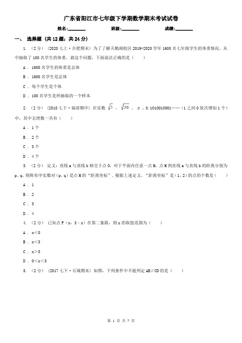 广东省阳江市七年级下学期数学期末考试试卷