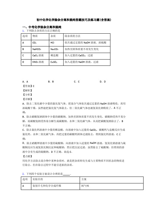 初中化学化学除杂分离和提纯答题技巧及练习题(含答案)