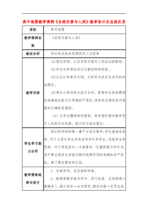 高中地理教学课例《自然灾害与人类》课程思政核心素养教学设计及总结反思