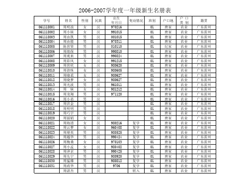 2006-2007学年度一年级新生名册表