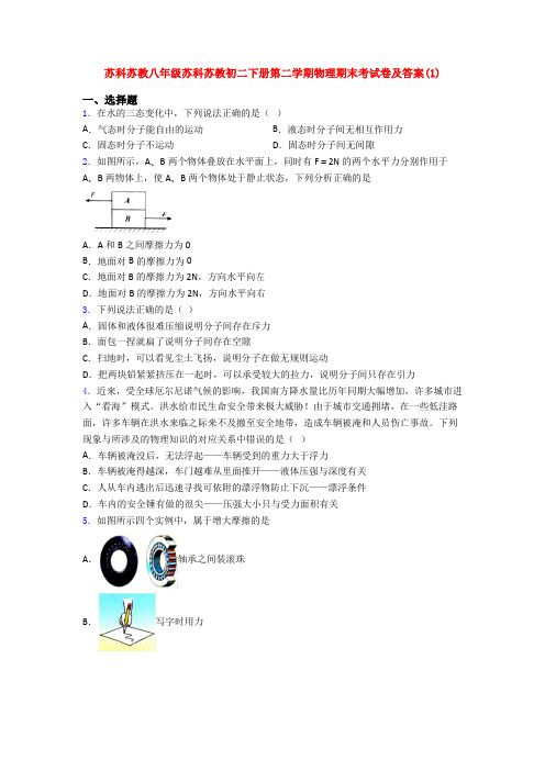 苏科苏教八年级苏科苏教初二下册第二学期物理期末考试卷及答案(1)