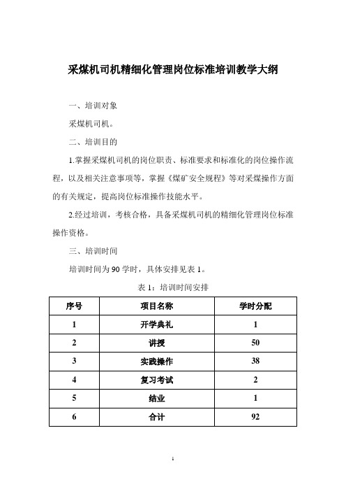 煤矿各工种岗位标准安全培训教学大纲