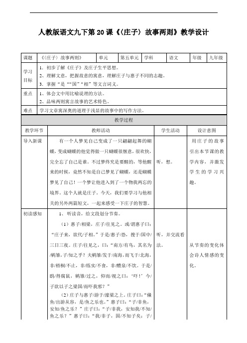 人教版语文九下第20课《〈庄子〉故事两则》教学设计
