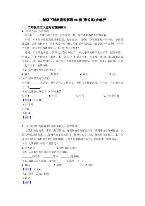 二年级二年级下册阅读理解题20套(带答案)含解析