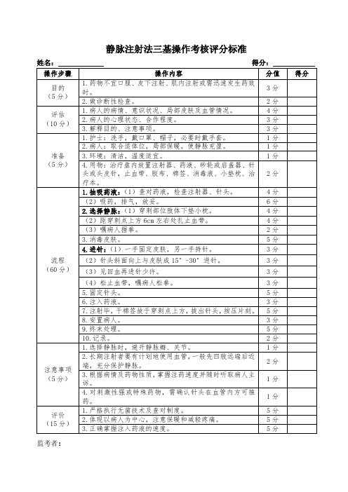 静脉注射法三基操作考核评分标准