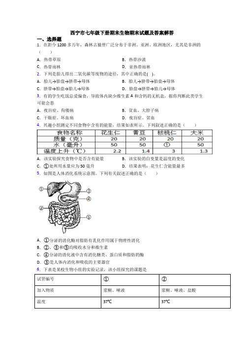 西宁市七年级下册期末生物期末试题及答案解答