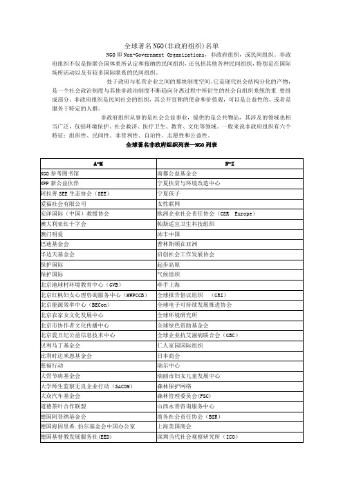 全球著名NGO(非政府组织)名单