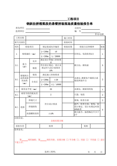 C-1-110 钢斜拉桥箱梁段的悬臂拼装现场质量检验报告单