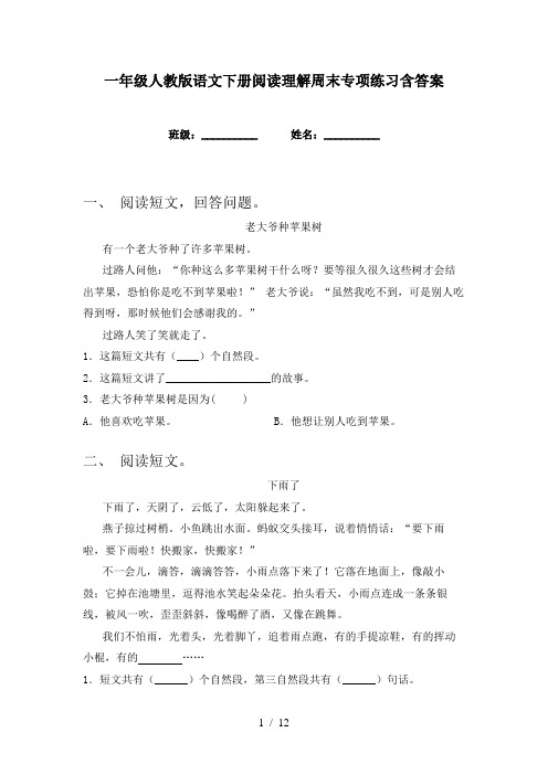 一年级人教版语文下册阅读理解周末专项练习含答案