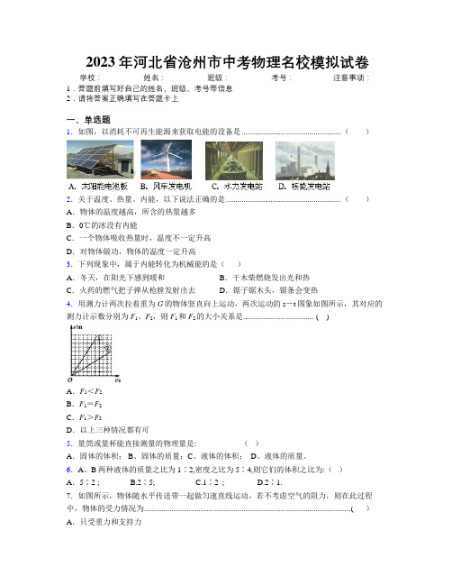 2023年河北省沧州市中考物理名校模拟试卷附解析