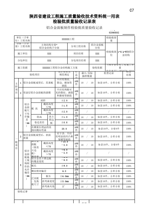 铝合金面板制作检验批质量验收记录