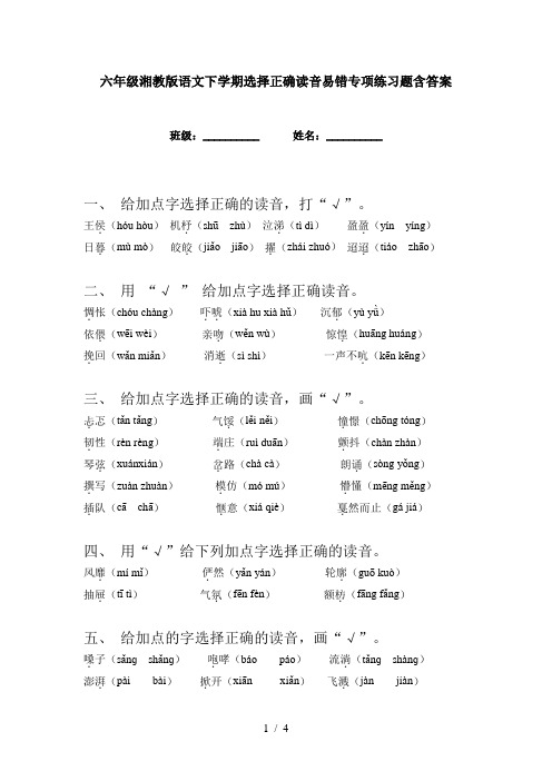 六年级湘教版语文下学期选择正确读音易错专项练习题含答案