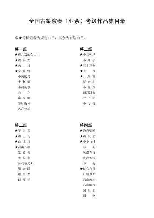 全国古筝演奏（业余）考级作品集目录