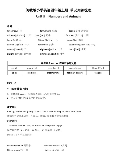 闽教版小学英语四年级上册Unit 3 单元知识梳理