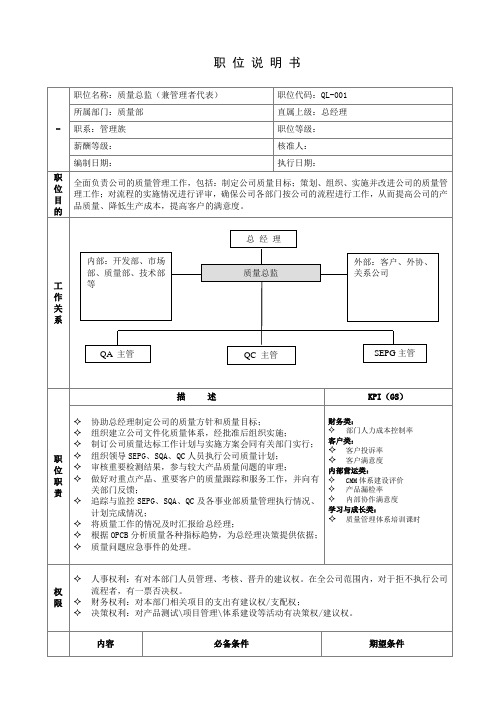 质量部质量总监职务说明书