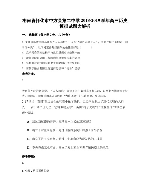 湖南省怀化市中方县第二中学2018-2019学年高三历史模拟试题含解析