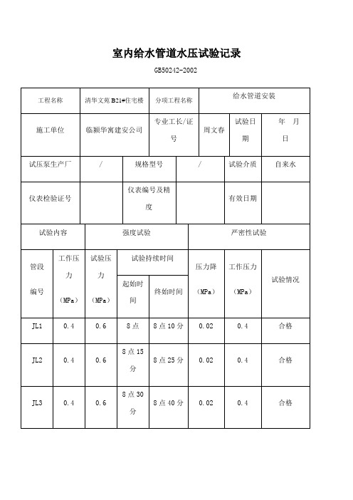 室内给水管道水压试验记录