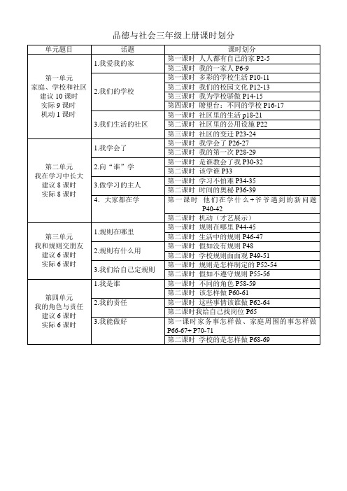 人教版品德与社会三到六年级课时划分