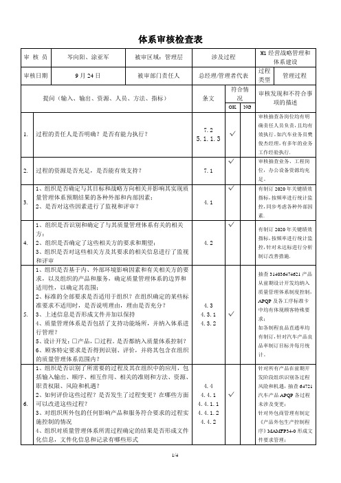 01体系审核检查表(M1经营战略管理)