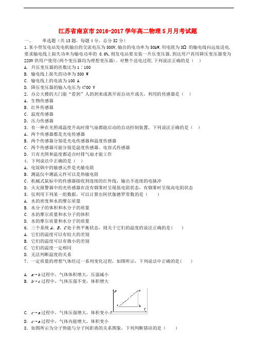 江苏省南京市高二物理5月月考试题(1)