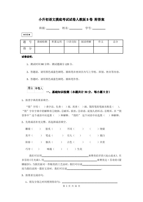 小升初语文摸底考试试卷人教版B卷 附答案