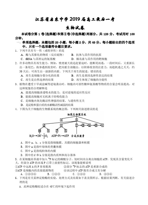 江苏省启东中学2019届高三最后一考生物试卷