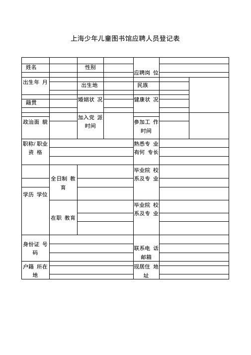 上海少年儿童书馆应聘人员登记表