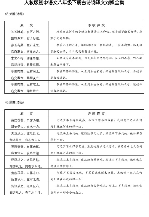 人教版初中语文八年级下册古诗词译文对照全集