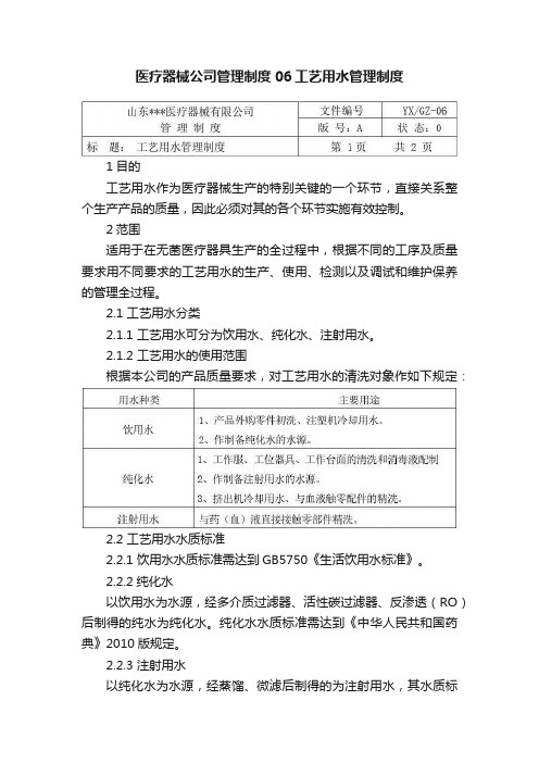 医疗器械公司管理制度06工艺用水管理制度