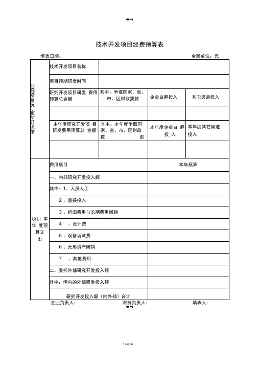 企业研发项目经费预算表