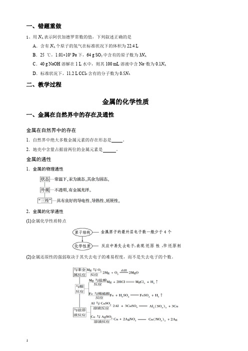 必修一化学 金属 物质的量知识点习题及课后作业