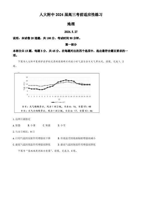 2024年北京市中国人民大学附属中学高三5月考前适应性练习地理试卷含答案