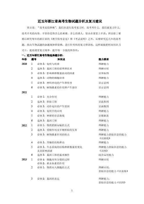 【免费下载】近五年浙江省高考理综生物试题分析及复习建议