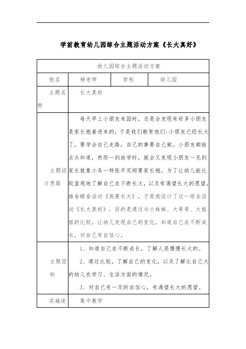 学前教育幼儿园综合主题活动方案设计《长大真好》