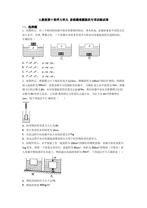 人教版第十章浮力单元 易错题难题提优专项训练试卷