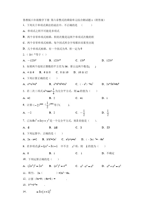 鲁教版六年级数学下册 第六章整式的乘除单元综合测试题1(附答案)