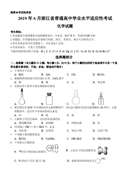 2019年6月浙江省普通高中学业水平适应性考试 化学试题