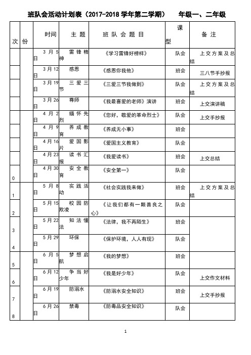 二年级班队会活动计划表