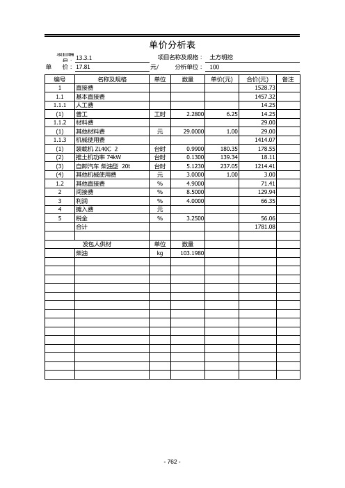 土石方开挖单价分析表