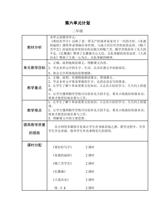 二年级上册语文第六单元教学设计(表格式)