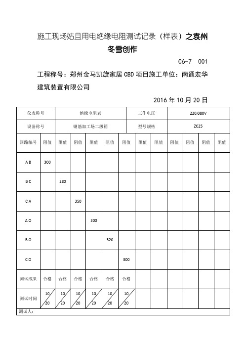 施工现场临时用电绝缘电阻测试记录