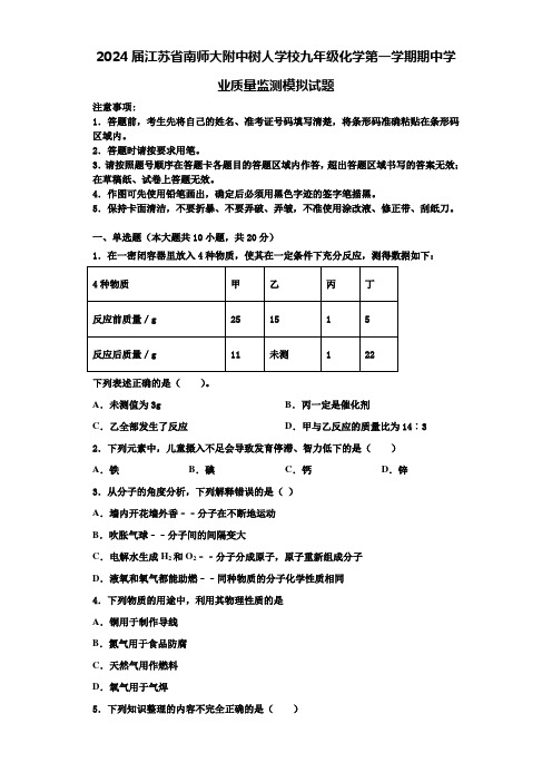 2024届江苏省南师大附中树人学校九年级化学第一学期期中学业质量监测模拟试题含答案解析