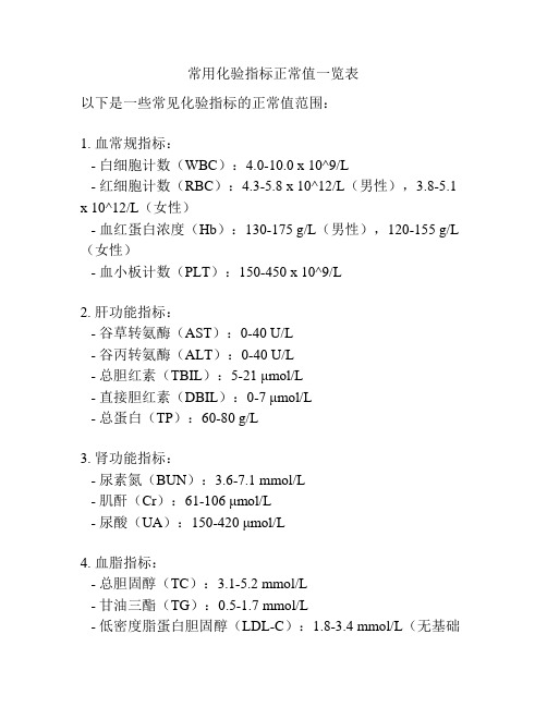 常用化验指标正常值一览表