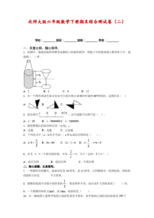 北师大版六年级数学下册期末综合测试卷(二)(含答案)