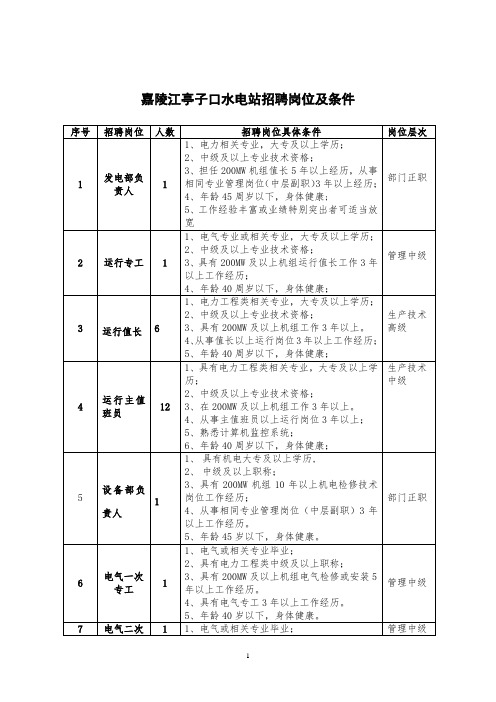 嘉陵江亭子口水电站招聘岗位及条件