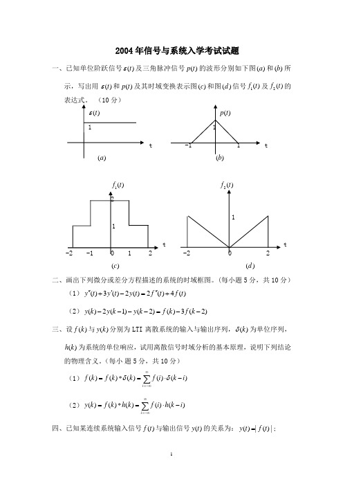 2004年信号与系统入学考试试题