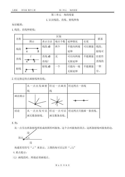 1.认识线段、直线、射线和角(四上  人教   第三单元)