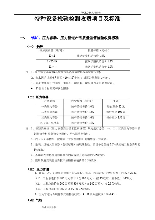 特种设备检验检测收费项目和标准