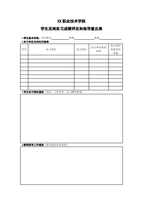 XX职业技术学院学生定岗实习成绩评定和指导意见表