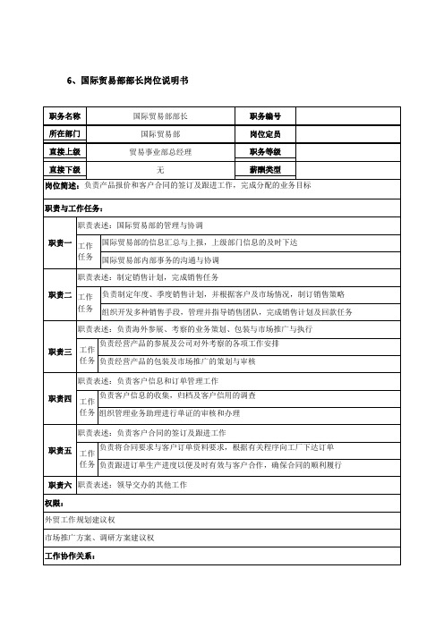 国际贸易部部长岗位说明书